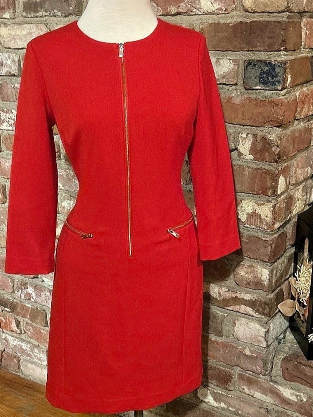 Ann Taylor Red Zip-Front Sheath Dress with Gold Pockets Red Size 2
